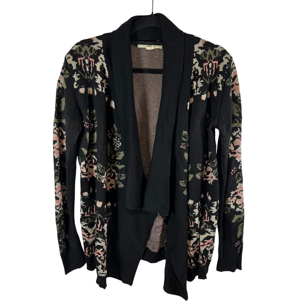Staring at Stars Black Floral Intarsia Knit‎ Open Front Cardigan Sweater Medium